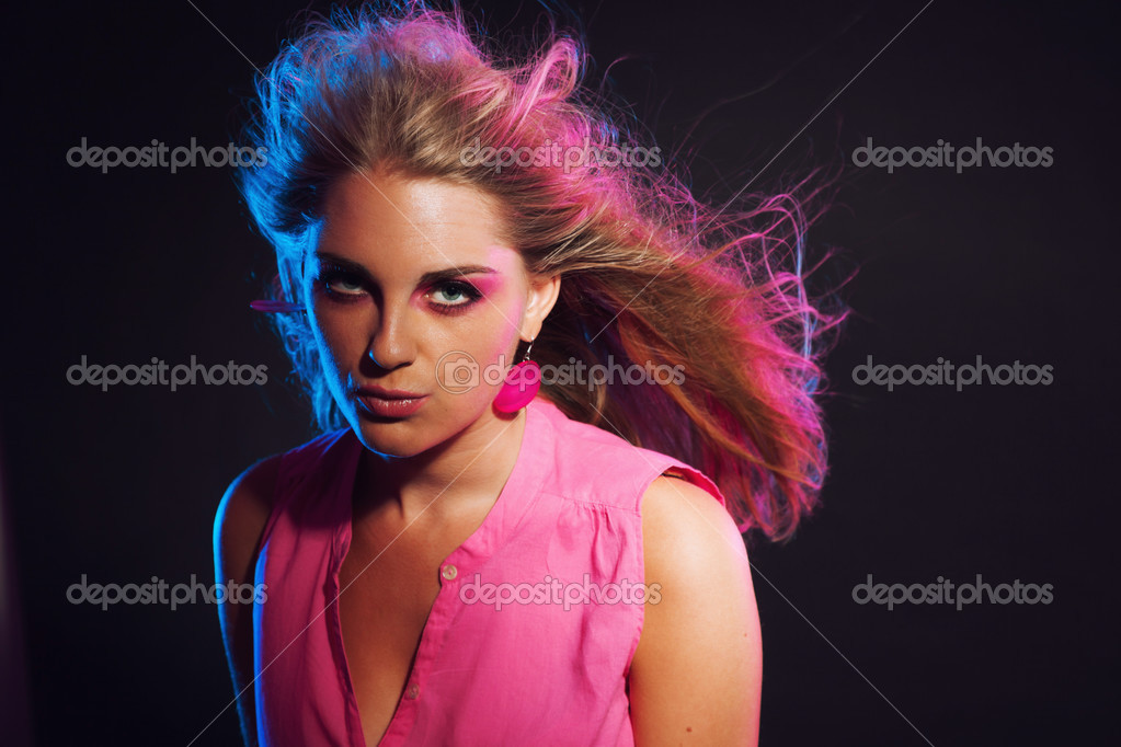 Sexy Retro 80s Fashion Disco Girl With Long Blonde Hair Black B