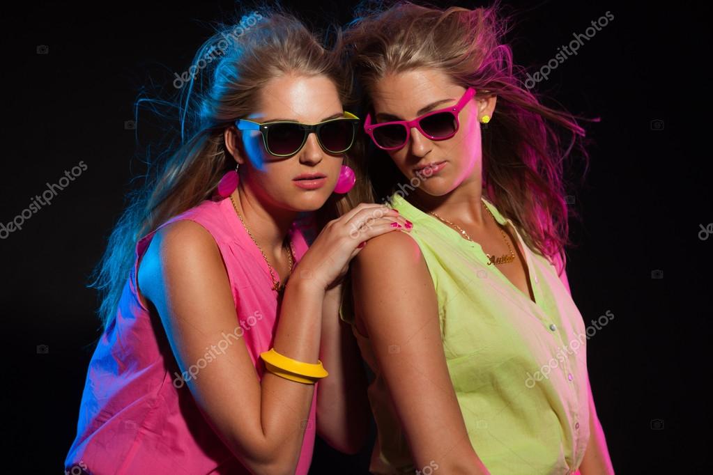 Two Sexy Retro 80s Fashion Girls With Long Blonde Hair And Sungl Stock Photo Image By C Ysbrand 2778