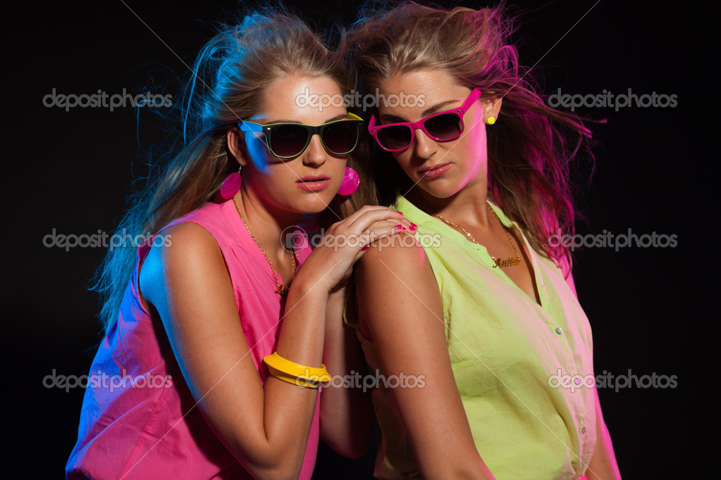 Two Sexy Retro 80s Fashion Girls With Long Blonde Hair And Sungl Stock Photo Image By C Ysbrand 2778