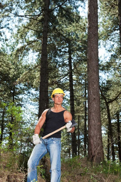 Muscled skogshuggare med svart skjorta och yxa i skogen. bär y — Stockfoto
