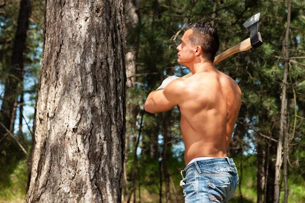 Siłownia fitness umięśniony drwal człowiek z siekierą w lesie. — Zdjęcie stockowe