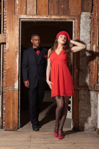 Vintage fashion mixed race wedding couple wearing black suit and — Stock Photo, Image