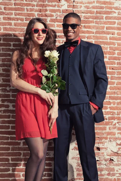 Urban cool retro fashion mixed race wedding couple wearing black — Stock Photo, Image