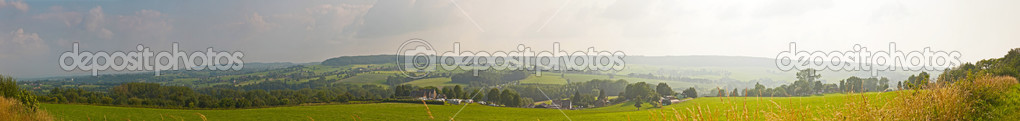 Hill landscape with meadow and trees and blue cloudy sky. Panora