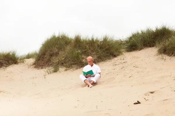 Rentner mit Bart und Brille liest in Grasdüne ein Buch — Stockfoto