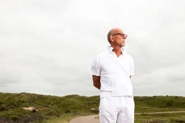 Pensionerad äldre man med skägg och glasögon promenader utomhus i gr — Stockfoto