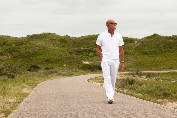 Hombre mayor jubilado con barba y gafas caminando al aire libre en gr — Foto de Stock