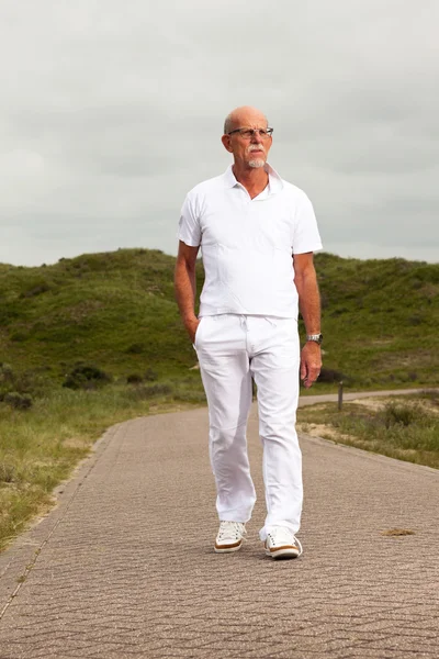 Bărbat în vârstă pensionar cu barbă și ochelari de mers pe jos în aer liber în gr — Fotografie, imagine de stoc