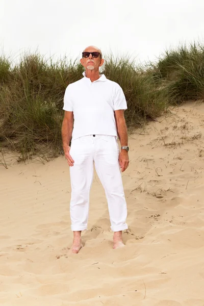 Hombre jubilado con barba y gafas de sol en paisaje de dunas de hierba wi —  Fotos de Stock