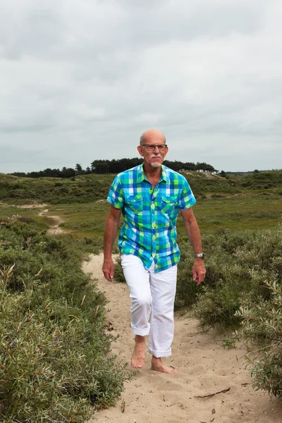 Συνταξιούχος ανώτερος άνθρωπος με μούσι και γυαλιά περπάτημα σε εξωτερικούς χώρους σε gr — Φωτογραφία Αρχείου