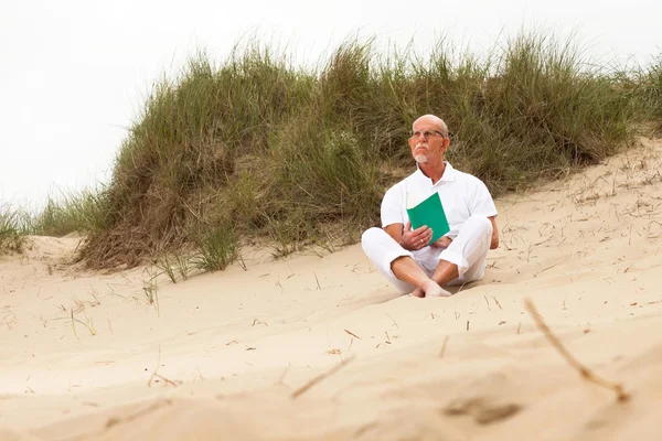 Homem aposentado com barba e óculos lendo um livro na duna de grama — Fotografia de Stock