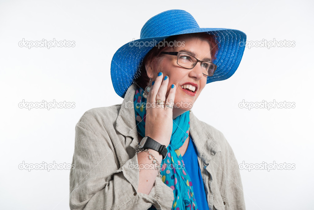 Happy Smiling Middle Aged Woman With Red Short Hair And Glasses