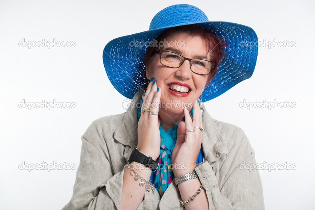 Happy Smiling Middle Aged Woman With Red Short Hair And Glasses