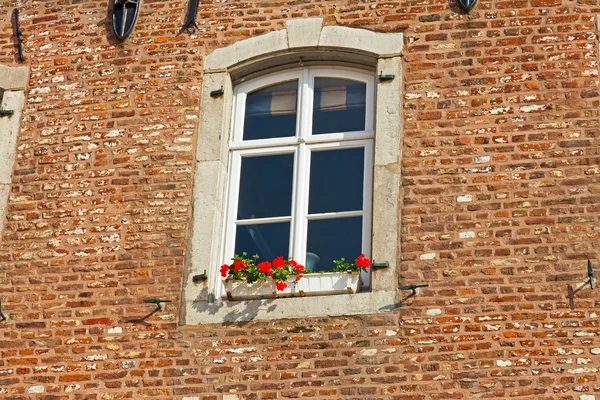 Eski bina dış beyaz pencere kırmızı çiçekler ile dekore edilmiştir. — Stok fotoğraf