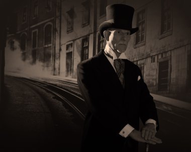 adam 1900 tarzı siyah şapka ve paltosunu giyiyor. Dickens tarzı çok yakın