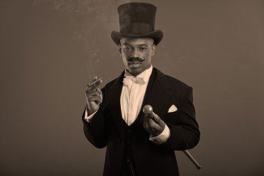 Retro afro Amerikan dickens scrooge bıyıklı adam. b giyiyor