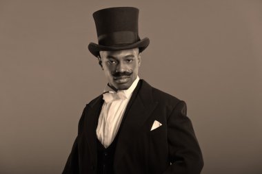 Retro afro Amerikan dickens scrooge bıyıklı adam. b giyiyor