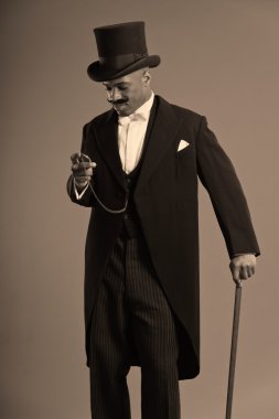 Retro afro Amerikan dickens scrooge bıyıklı adam. b giyiyor