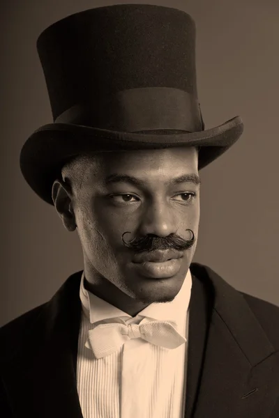 Retro afro american dickens scrooge man with mustache. Wearing b — Stock Photo, Image