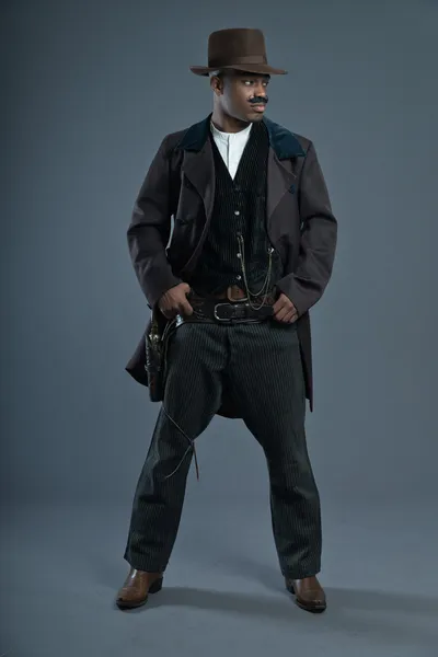 Bıyıklı Retro afro Amerika Batı kovboy erkek. kardeşim giyiyor — Stok fotoğraf