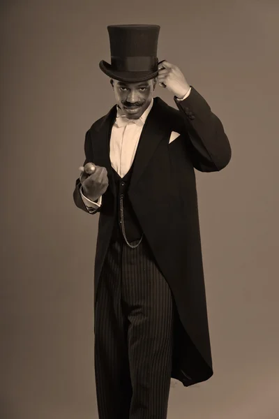 Retro afro american dickens scrooge man with mustache. Wearing b — Stock Photo, Image