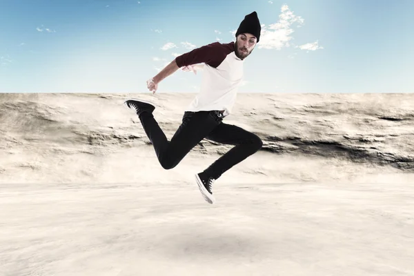 Street dancing man urban fashion with beard. Wearing black woole — Stock Photo, Image