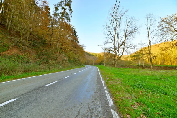 Road in autumn mountain landscape. Vresse sur Semois. Ardennes. — Stock Photo, Image