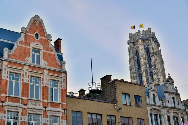 De toren van de Sint-rombout met huizen op de voorgrond bij zonsondergang. Mechelen. Bel — Stockfoto