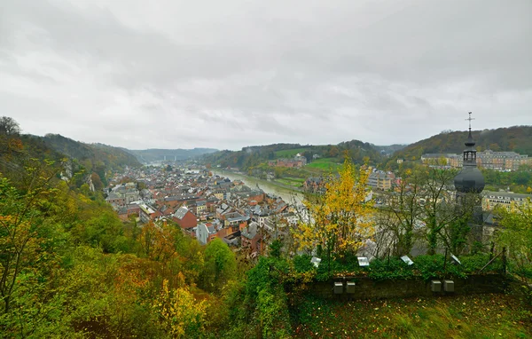 Top view of the city of Dinant with church on a cloudy day. Seen — Stock Photo, Image