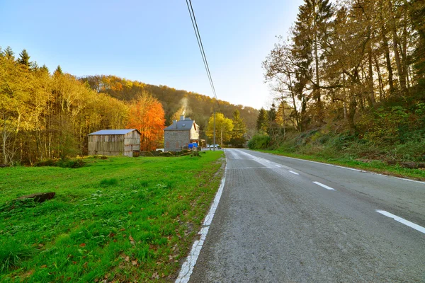 Route avec maisons et arbres en automne paysage de montagne. Vresse — Photo