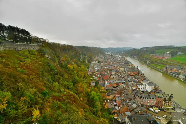 Top view of the city of Dinant on a cloudy day. Seen from the fo — Stock Photo, Image