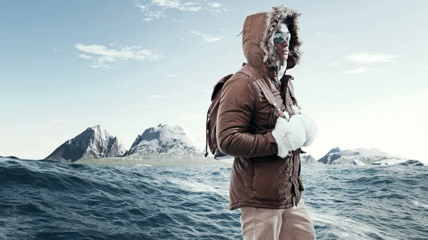 Asiático invierno deporte moda hombre con gafas de sol y mochila en un —  Fotos de Stock