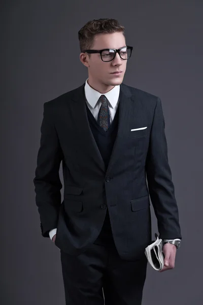 Retro fifties fashion young businessman with black glasses weari — Stock Photo, Image