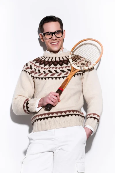 Smiling retro tennis fashion man with black glasses holding a vi — Stock Photo, Image