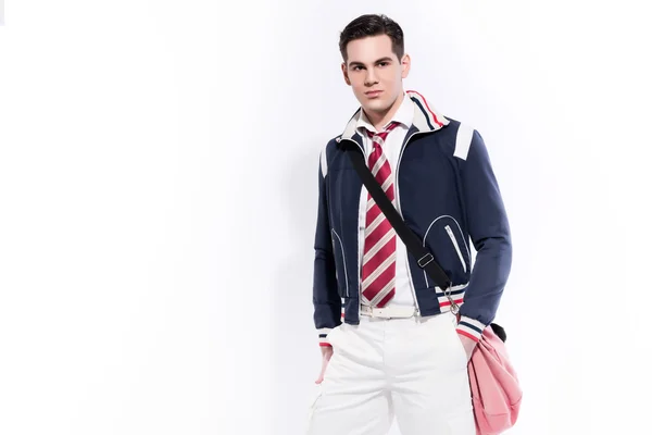 Retro faculdade menino moda vestindo gravata vermelha e casaco azul. Studi... — Fotografia de Stock