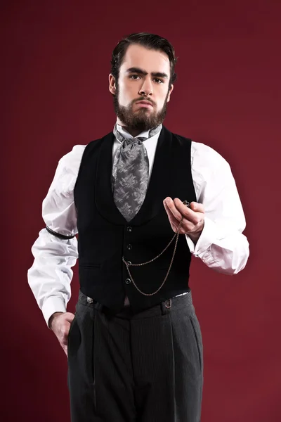 Retro 1900 victorian fashion man with beard wearing black gilet — Stock Photo, Image