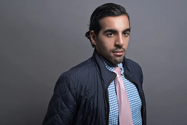 Contemporary fashion man wearing blue jacket and pink tie. Black — Stock Photo, Image