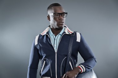 Retro okul moda Afrikalı zenci giyiyoruz mavi ceketi, lea
