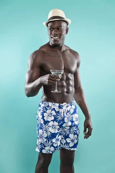 Summer black african american muscled fitness man holding cockta — Stock Photo, Image