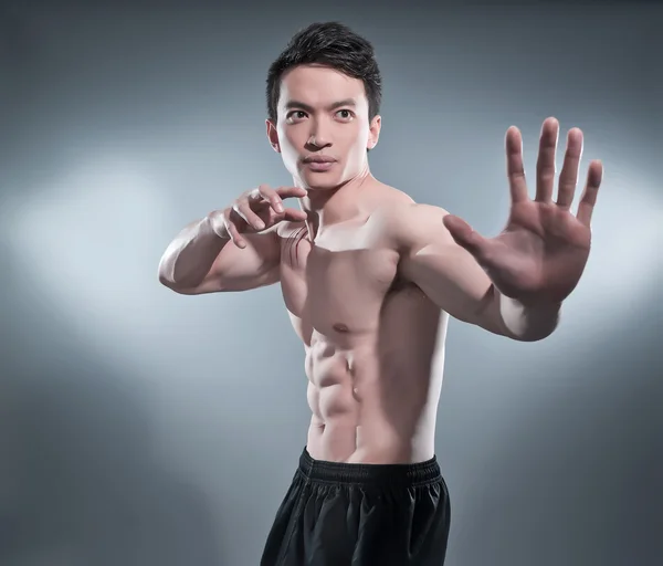 Muscled asiático kung fu homem em ação pose. listras de sangue em seu c — Fotografia de Stock