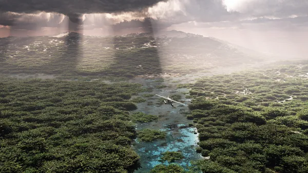 Avião voando sobre a floresta com rio. Céu nublado . — Fotografia de Stock