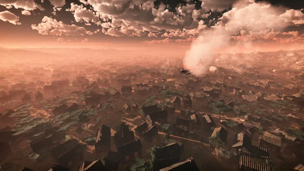 Vue aérienne d'un avion s'écrasant dans une ville déserte. Ciel nuageux . — Photo