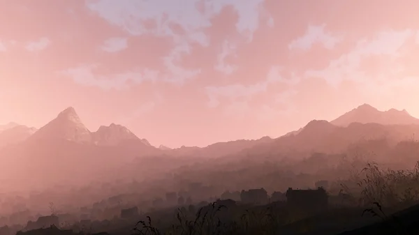 Dağ manzara uzak terkedilmiş köy. gün batımı zekâ — Stok fotoğraf