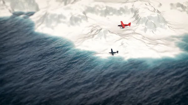 Rotes Flugzeug fliegt über Eisberg. Luftaufnahme. — Stockfoto
