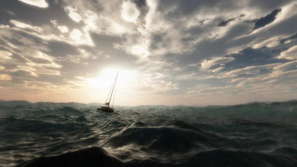 Lost sailing boat in wild stormy ocean. Cloudy sky. — Stock Photo, Image