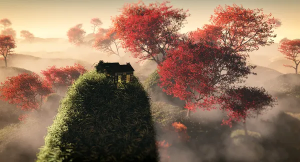 空中的幻想草山景观与红色秋天的树木 — 图库照片