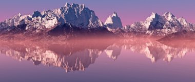 Snow peaks mountain landscape with misty lake at sunrise. Panora clipart