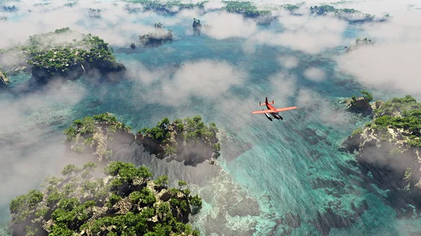 Aerial of red airplane flying over coastal landscape with rocks — Stock Photo, Image