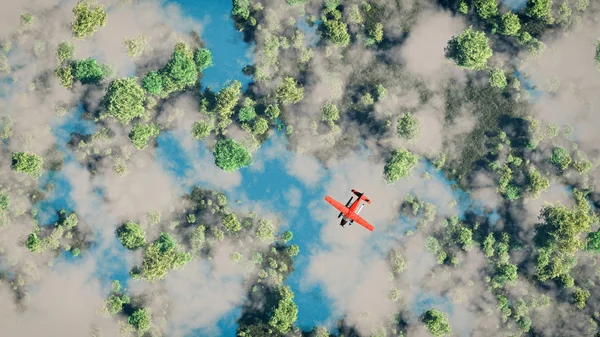 森の湖と雲の上を飛んで赤い飛行機の航空. — ストック写真