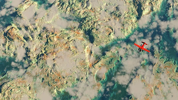 Красный самолет пролетает над скалистым ландшафтом с рекой — стоковое фото